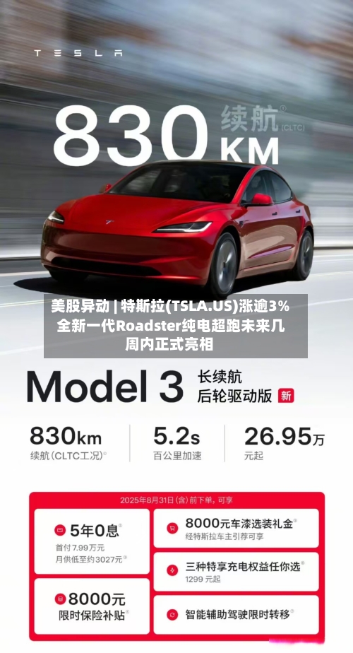 美股异动 | 特斯拉(TSLA.US)涨逾3% 全新一代Roadster纯电超跑未来几周内正式亮相